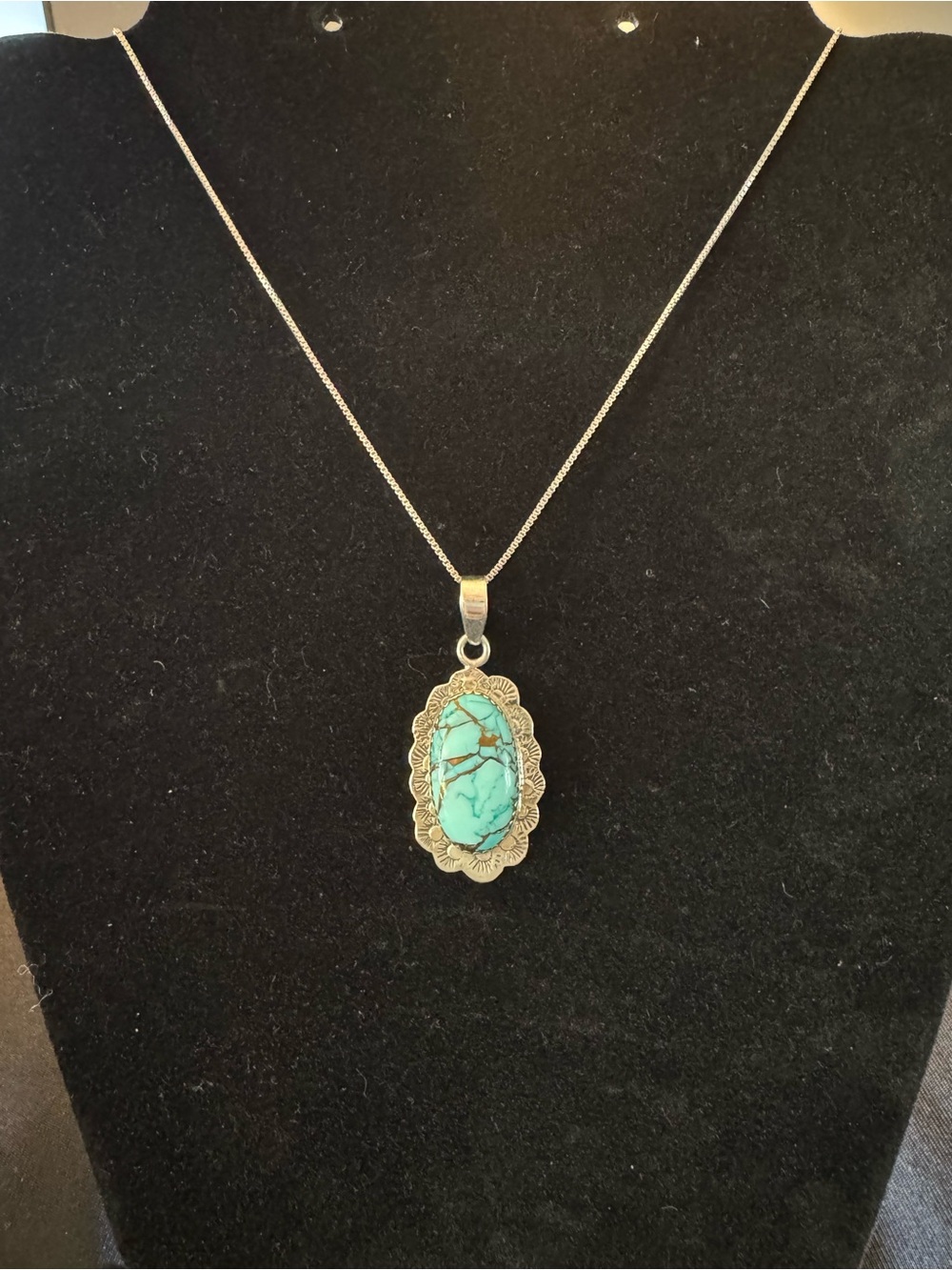 Sterling Silver Turquoise Pendant Necklace on an 18” Italian FAS Box Chain